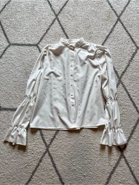 Women's White Button-Front Blouse with Ruffled Cuffs